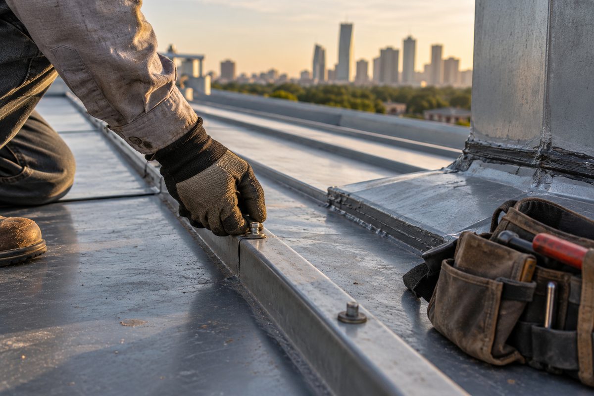 A gloved hand checking a metal roof seam beside flashing