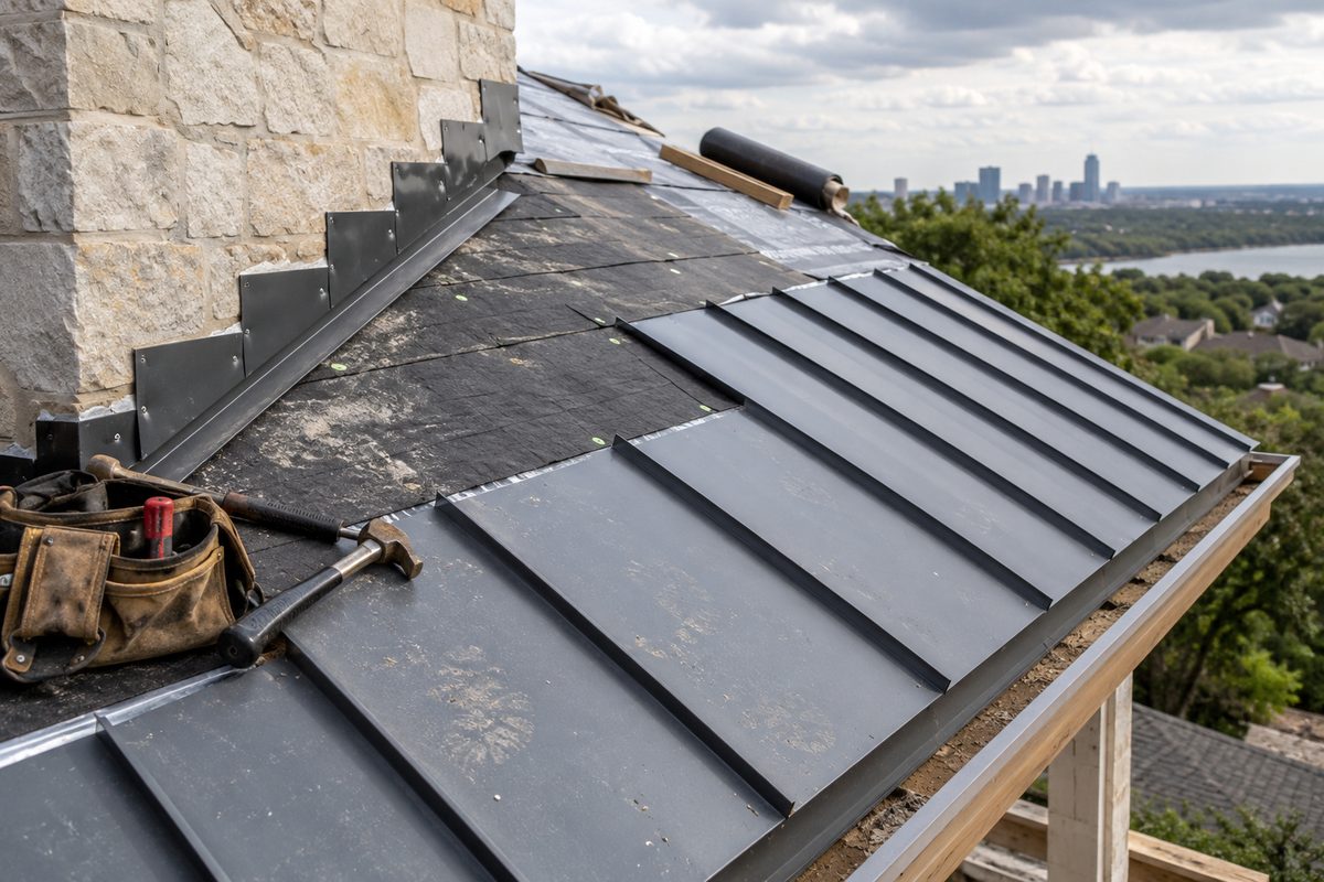 A half-finished metal roof showing underlayment and flashing