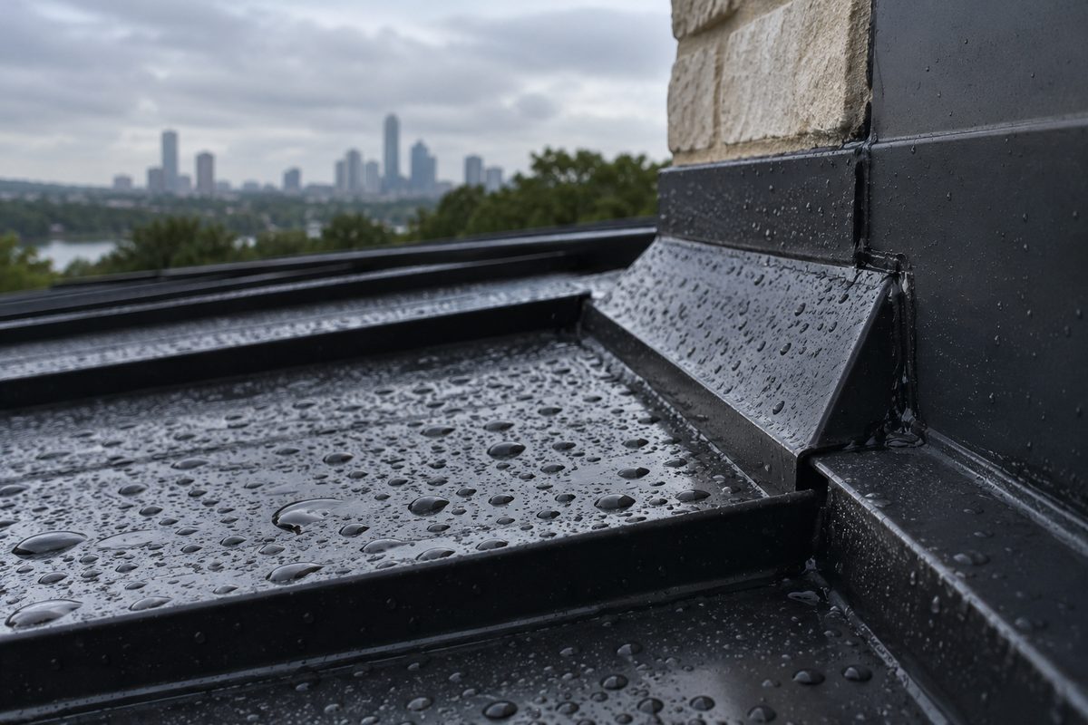 Rain beading on a metal roof panel beside sealed flashing